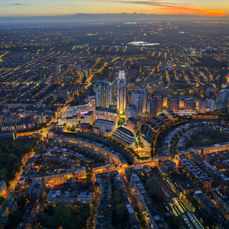 CGI aerial view of the site by dusk