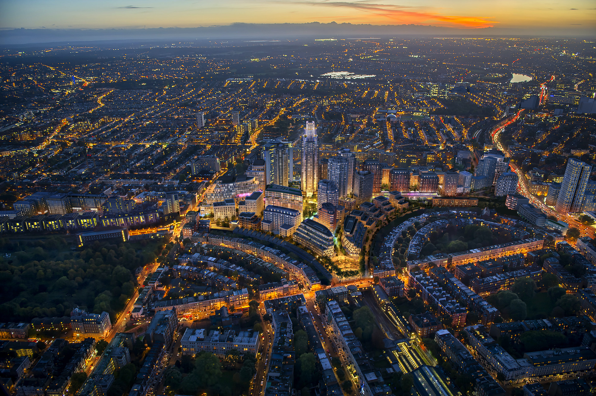 CGI aerial view of the site by dusk